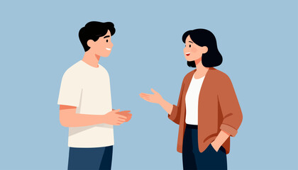 Fototapeta premium Two people chat warmly in a calm, pastel setting. They smile and gesture as if sharing ideas. Their relaxed posture suggests a friendly conversation. Ideal for business, education