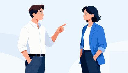 Fototapeta premium Man points at woman during conversation. Woman looks at him with calm expression. Scene suggests communication or debate. Image ideal for business or interpersonal themes. Simple, clean photo style