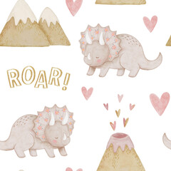 Cute pink dinosaur watercolor pattern for nursery. Seamless jurassic baby hearts design. Friendly floral golden texture roar background. © Karina Martirosova