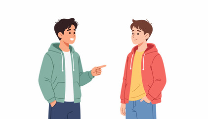 Fototapeta premium Two young men stand facing each other. One gestures while speaking, smiling warmly. The other listens, smiling back gently. Casual clothes suggest relaxed, friendly conversation