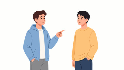 Fototapeta premium Two young men engage in a friendly conversation. One gestures toward the other with a cheerful expression. Their body language shows comfort and ease. The scene suggests casual social interaction