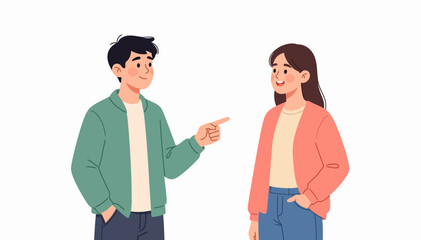 Fototapeta premium Young man gestures toward smiling woman. Both appear cheerful and engaged in conversation. Soft colors create a friendly, approachable mood. Ideal for depicting casual, positive human interaction