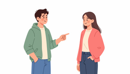 Fototapeta premium Young man points at woman with friendly smile. Woman stands smiling back, hands in pockets. Cartoon style, clean white background. Ideal for casual conversation or team collaboration