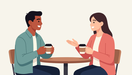 Obraz premium Two people smile, sharing coffee at a small table. They gesture and laugh, showing friendly conversation. Their expressions convey warmth and connection. Ideal for scenes of casual social interaction
