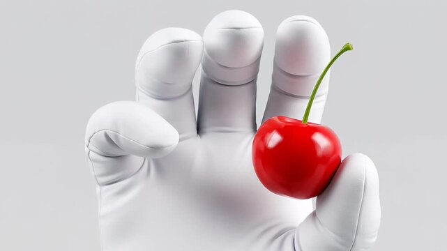 Gloved hand holding red cherry with gray background