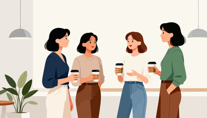 Obraz premium Four women chat while holding coffee cups. They stand near a window with soft lighting. Smiles suggest friendly conversation. Casual attire fits relaxed cafe or office break setting