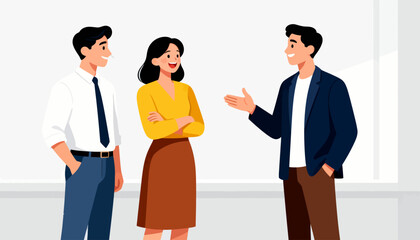 Obraz premium Three people engage in a lively conversation. The man gestures while speaking to the others. The woman smiles, arms crossed, listening attentively. The setting is a clean, modern office space