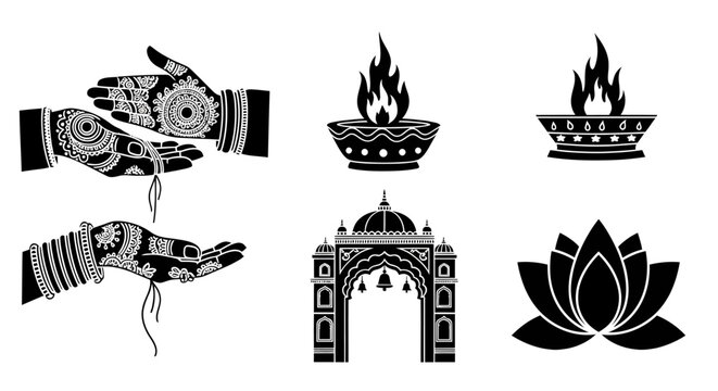 Indian wedding ritual icon set traditional marriage symbols illustration