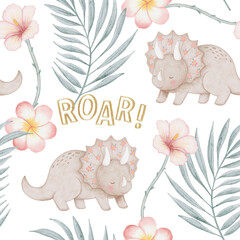 Cute watercolor triceratops dinosaur baby nursery pattern floral background green palm leaf hibiscus © Karina Martirosova