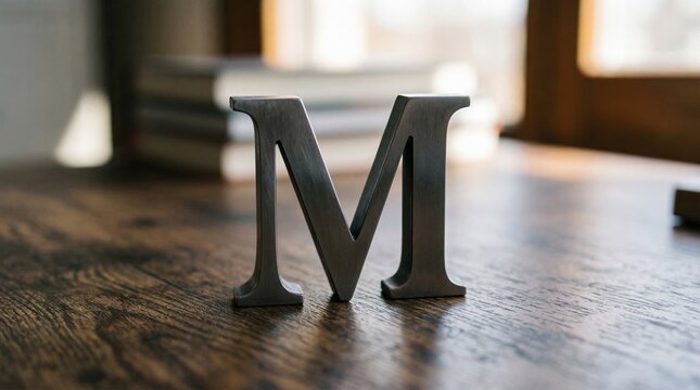 Metallic 'M' Letter on Wooden Surface - Close-up