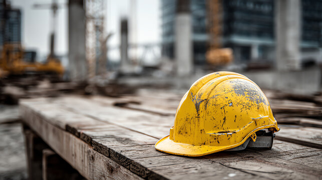Yellow construction hard hat on a work site with tools and safety equipment