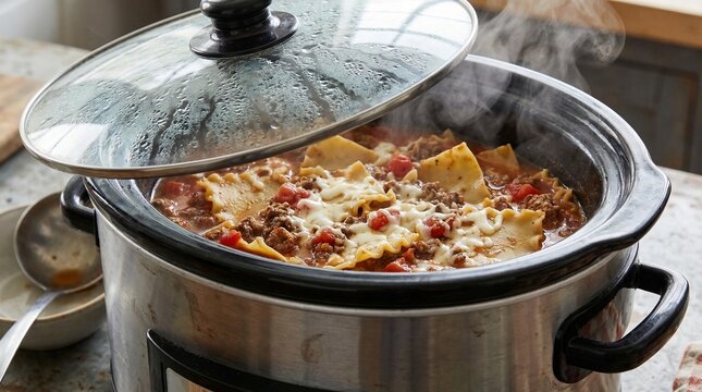 Homemade Cheesy Lasagna Cooking in a Slow Cooker with Steam Rising. Delicious, Hot Comfort Food for Easy Family Meals and Weeknight Dinners.