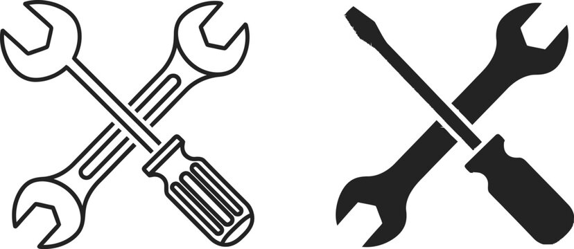 Crossed wrenches and screwdrivers tools icons in black and white