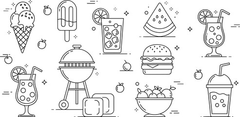 Fototapeta premium Summer Food and Drink Line Icons Set with Ice Cream Popsicle Burger Watermelon Cocktail and Smoothie Vector