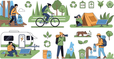 Eco Friendly Outdoor Adventure Set with Camping Hiking Recycling Solar Energy and Sustainable Travel Vector Illustration © MstLinaAkter