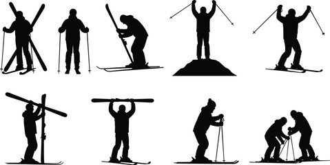 Black silhouette illustration of eight skiers with poles and skis in dynamic poses, symbolizing winter sports, teamwork, celebration, preparation, assistance, and creative artwork projects