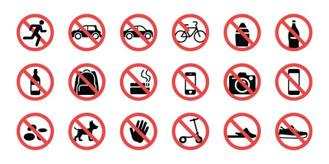 Collection of various prohibition signs including no running, no cars, no bicycles, and no entry