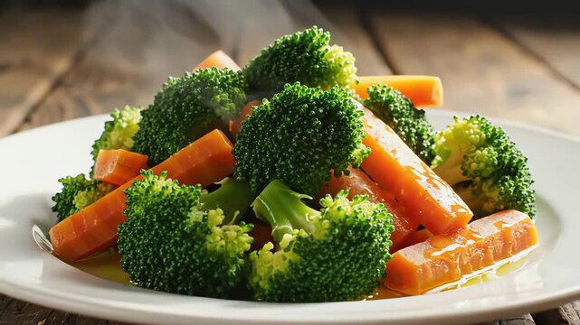 Steamed broccoli and carrots on white plate healthy food concept