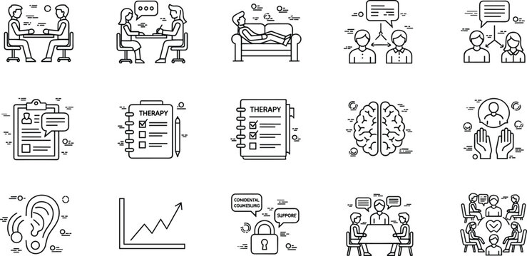 Psychology Therapy and Mental Health Line Icons Set with Counseling Brain Therapy Session and Emotional Support Vector