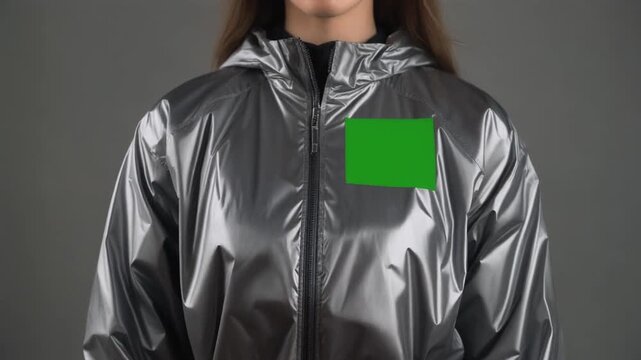 Gleaming metallic silver jacket worn by a person, featuring a green screen patch for digital customization, representing adaptable future fashion and innovative apparel concepts