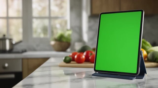 Digital tablet with a green screen placed on a kitchen counter amidst fresh produce, perfect for recipe apps and culinary content