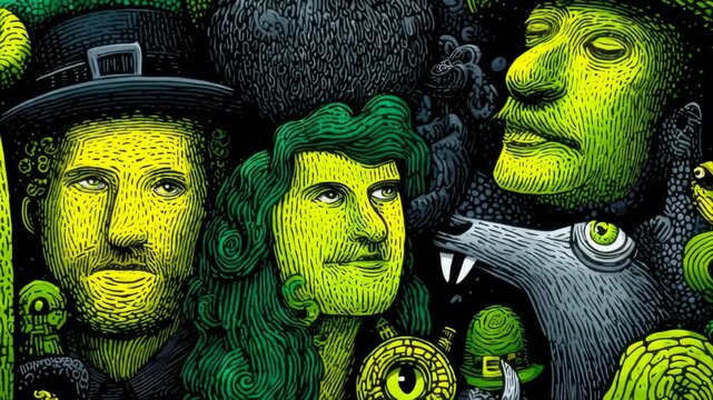 Abstract illustration of three characters with green hues and patterns  