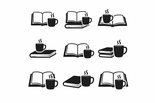 Cozy reading icons with coffee and books in black and white design