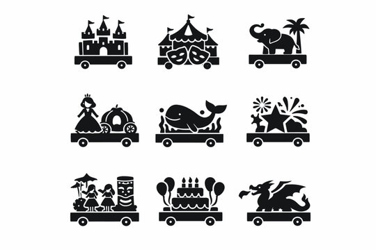 Silhouette parade floats with circus, castle, and festive icons