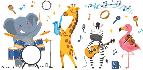 Cute Safari Animal Music Band with Elephant Giraffe Zebra and Flamingo Playing Instruments Cartoon Vector Illustration © MstLinaAkter