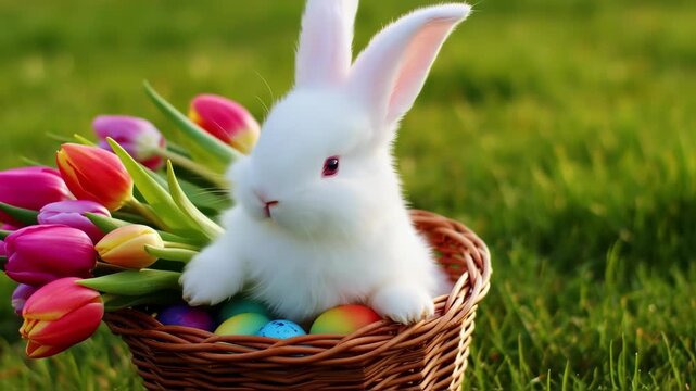 easter bunny with easter eggs in a basket