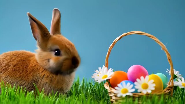 easter bunny and basket of easter eggs