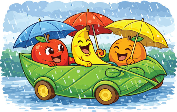 Cute Fruit Characters Riding in Car with Umbrellas in Rain &ndash; Funny Cartoon Mascot Vector Illustration, Happy Apple Banana Orange Friends, Kids Sticker Style, Isolated on White Background