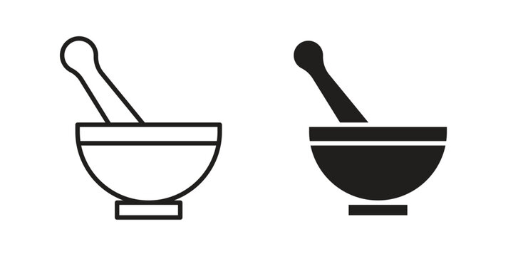 Mortar pestle icon vector pack. Thin linear and black flat style.
