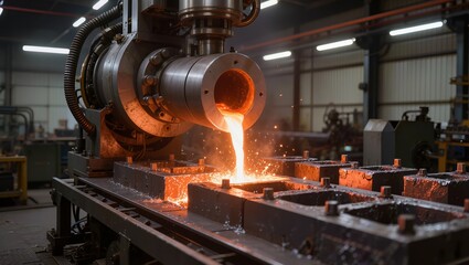 Molten bright orange metal poured from cylindrical container into dark heat-resistant molds in industrial workshop, highlighting metallurgy, precision, and large-scale production