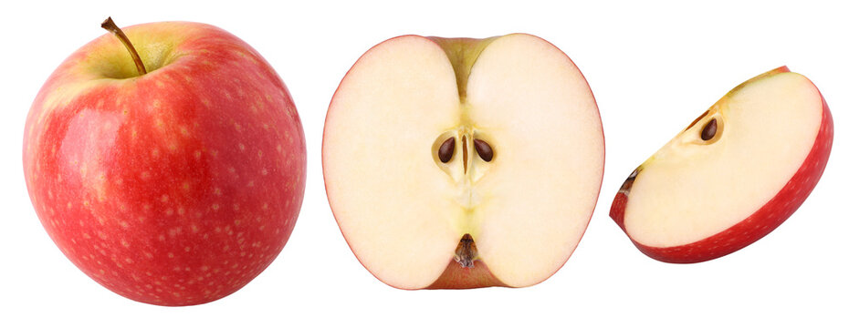 Pink Lady Apple (pink apple), half and slices isolated, transparent PNG, PNG format, cut out