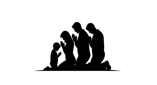 Silhouetted Family Members Kneeling in Prayer Together.