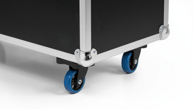 Flight case designed for transport, equipped with blue wheels and aluminum corners
