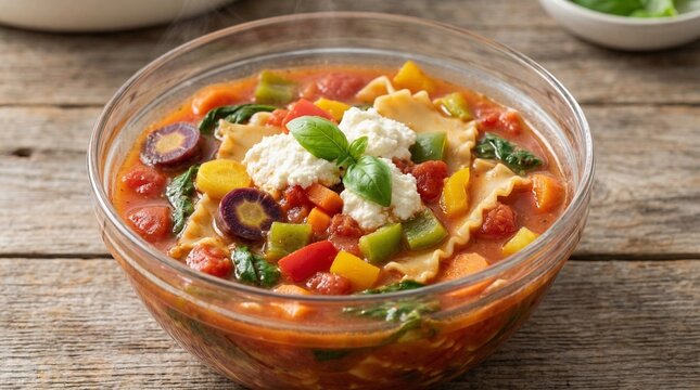 Hearty Vegetarian Minestrone Soup with Mafalda Pasta, Colorful Vegetables, Black Olives, Fresh Basil, and Creamy Ricotta Garnish, served in a Glass Bowl on Wood.