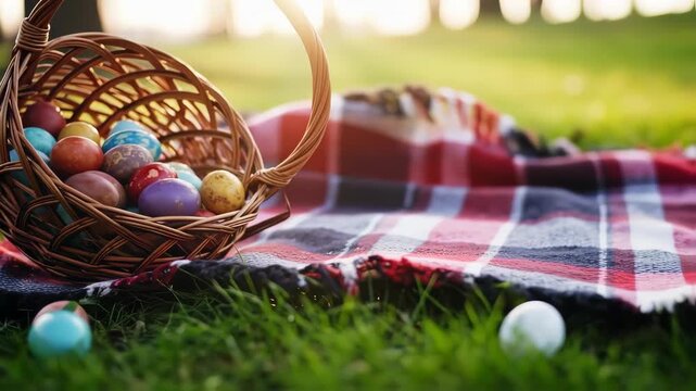 easter eggs in a basket, picnic themed