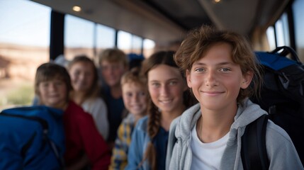 Fototapeta premium Blended family of eight squeezing into national park shuttle bus, luggage overhead, stepkids and biological kids mixed seating, perfect for vacation adventures, family bonding, and contemporary