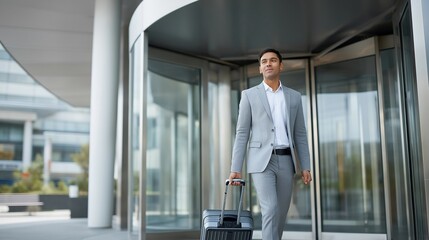 Fototapeta premium Consultant arriving at client office building entrance, pulling rolling suitcase through revolving doors in downtown business district, ideal for professional services and contemporary consulting