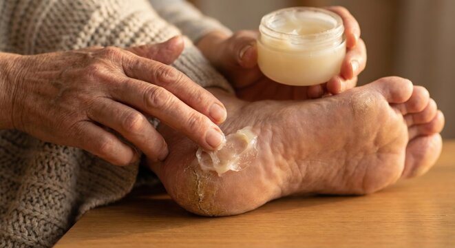 Close-up of mature hands applying ointment to cracked heel