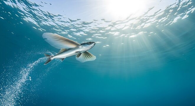 Flying fish bursting forward underwater just before gliding toward the surface