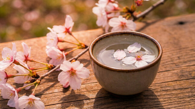 Sakura petals in sake cup with flowers on wooden surface  