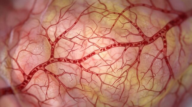 Close-up of a network of blood vessels within a biological tissue.
