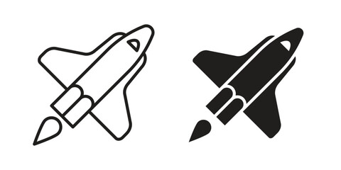 Space shuttle icon vector pack. Thin linear and black flat style. © Ch