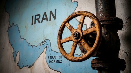 Vintage industrial valve wheel close up against wall featuring map of Iran and strait of Hormuz representing global energy markets oil export logistics and regional maritime security