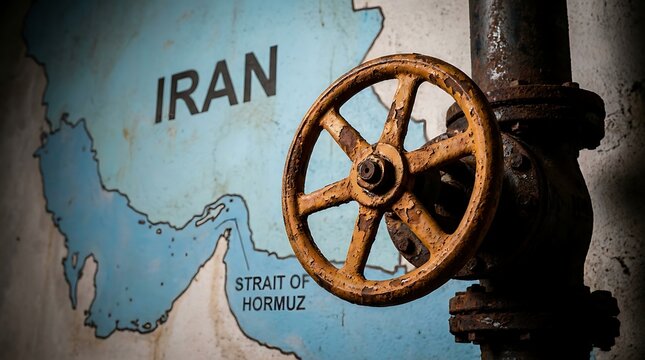 Vintage industrial valve wheel close up against wall featuring map of Iran and strait of Hormuz representing global energy markets oil export logistics and regional maritime security