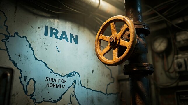 Old rusty metal valve on industrial pipe with background map of Iran and strait of Hormuz symbolizing global oil supply security energy crisis and geopolitical tensions in region today