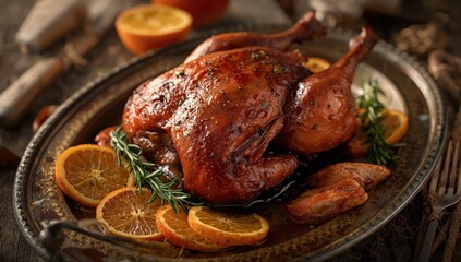Obraz premium Gourmet duck leg with orange slices and herbs presented on a rustic metal tray